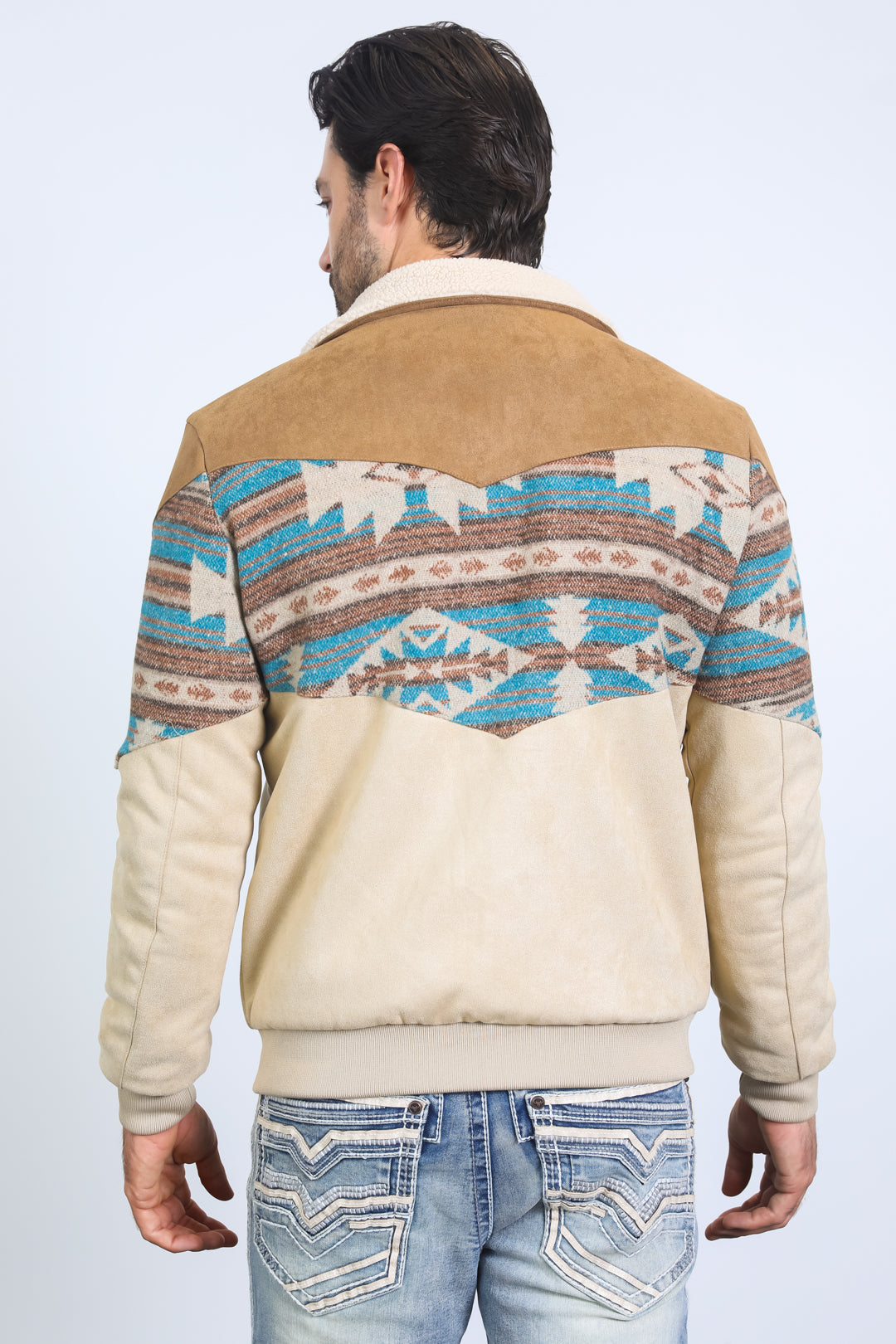 Mens Ethnic Aztec Quilted Twill Beige Jacket W/Suede Accents