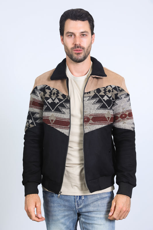 Mens Ethnic Aztec Quilted Twill Black/Beige Jacket W/Suede Accents