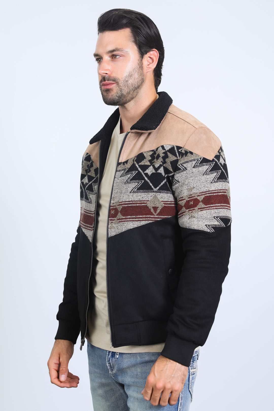 Mens Ethnic Aztec Quilted Twill Black/Beige Jacket W/Suede Accents