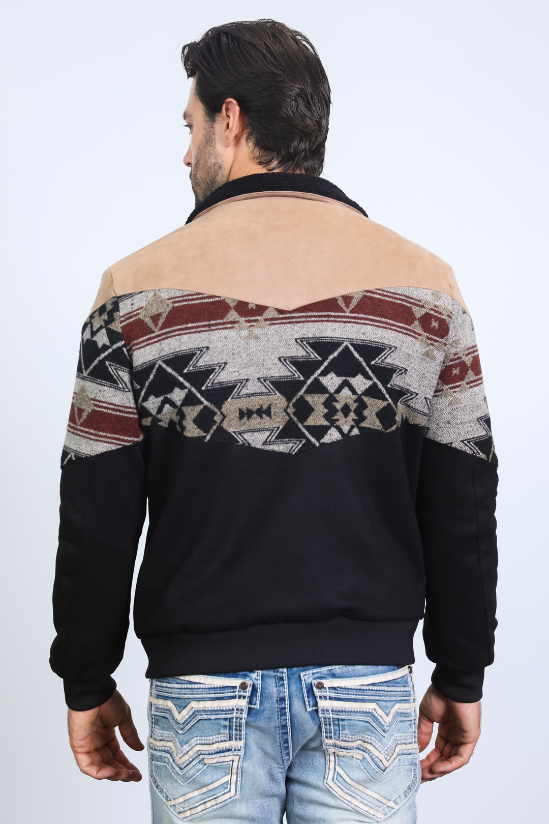 Mens Ethnic Aztec Quilted Twill Black/Beige Jacket W/Suede Accents