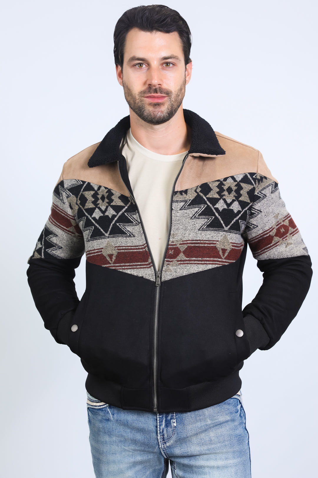 Mens Ethnic Aztec Quilted Twill Black/Beige Jacket W/Suede Accents