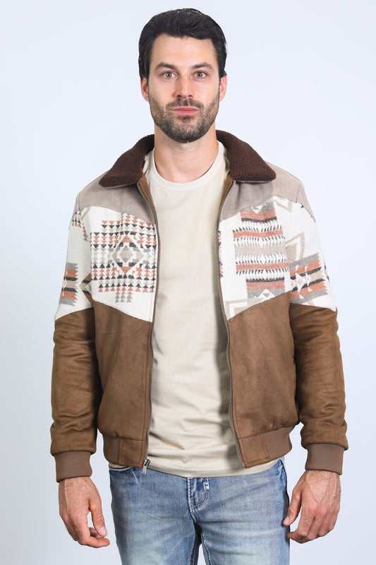 Mens Ethnic Aztec Quilted Twill Brown Jacket W/Suede Accents