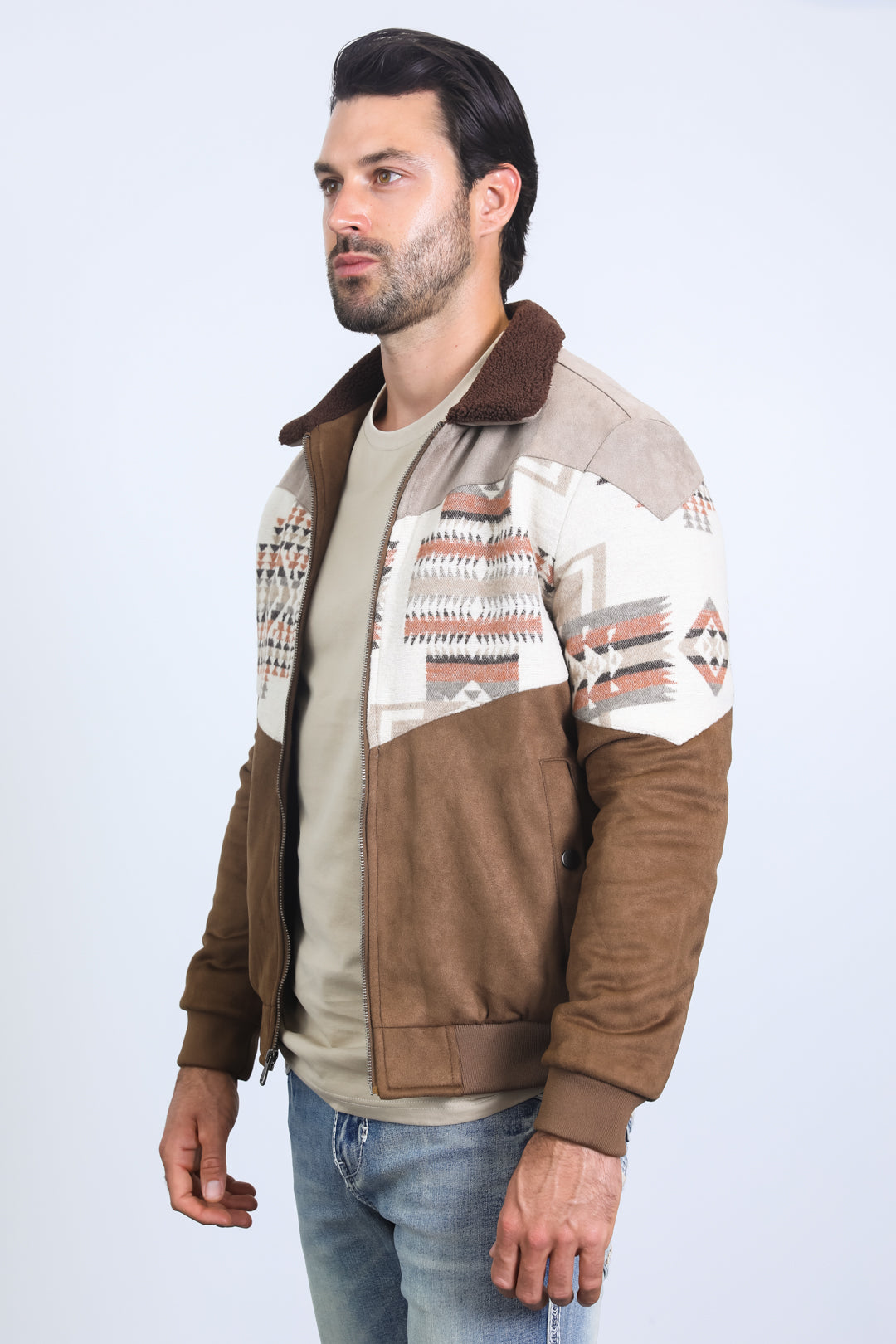 Mens Ethnic Aztec Quilted Twill Brown Jacket W/Suede Accents