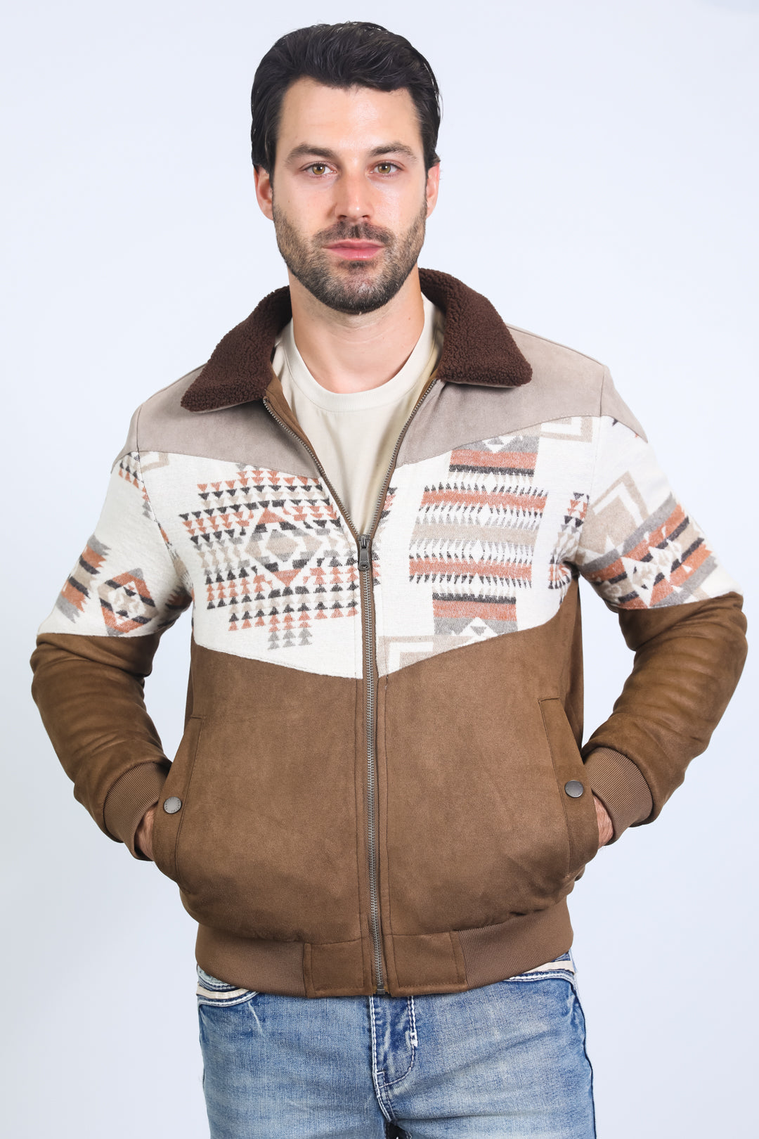 Mens Ethnic Aztec Quilted Twill Brown Jacket W/Suede Accents