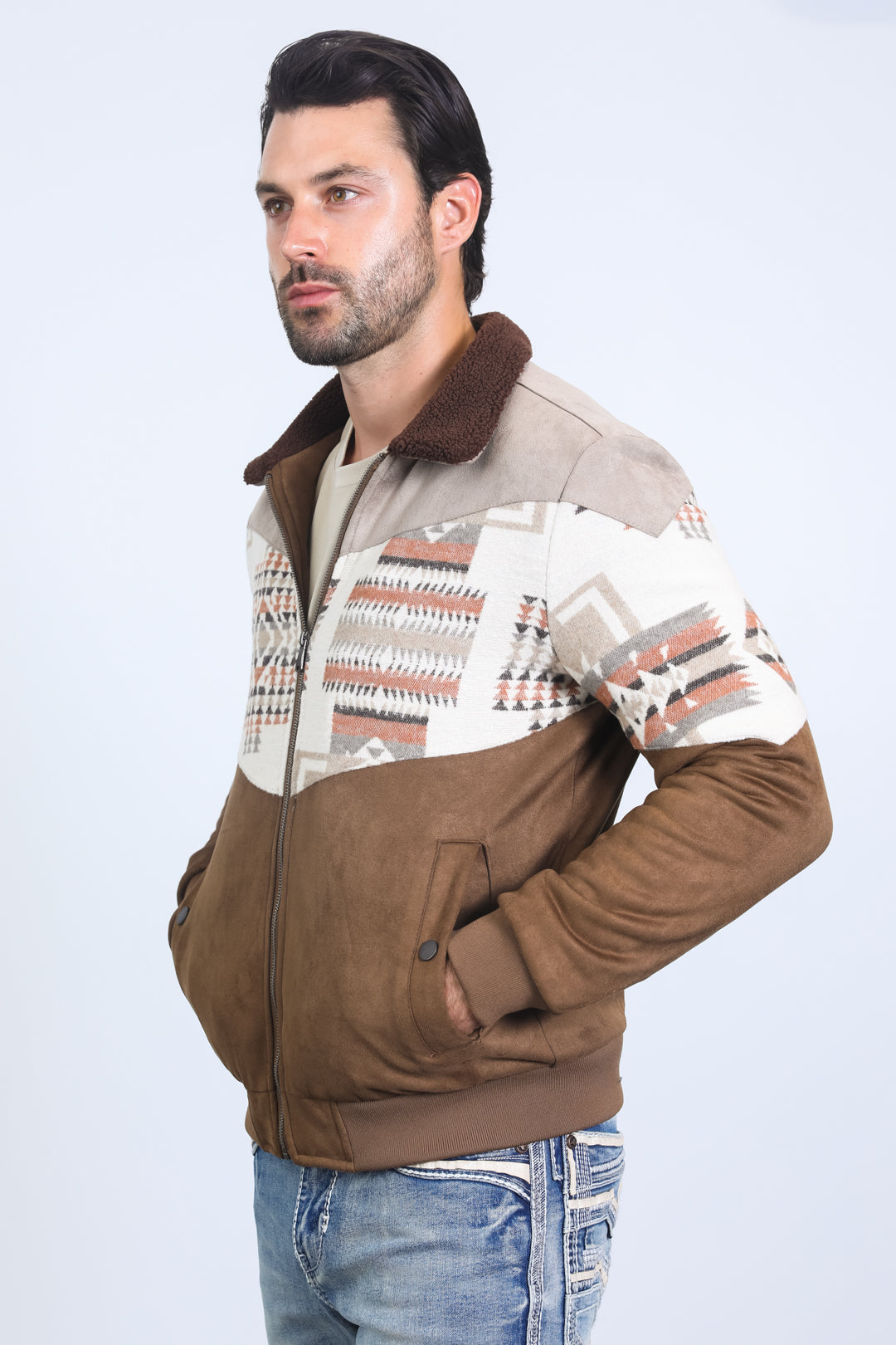 Mens Ethnic Aztec Quilted Twill Brown Jacket W/Suede Accents