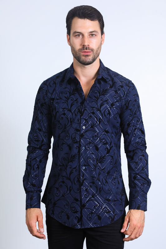 Men's Floral Flocked Modern Fit Spandex Navy Shirt