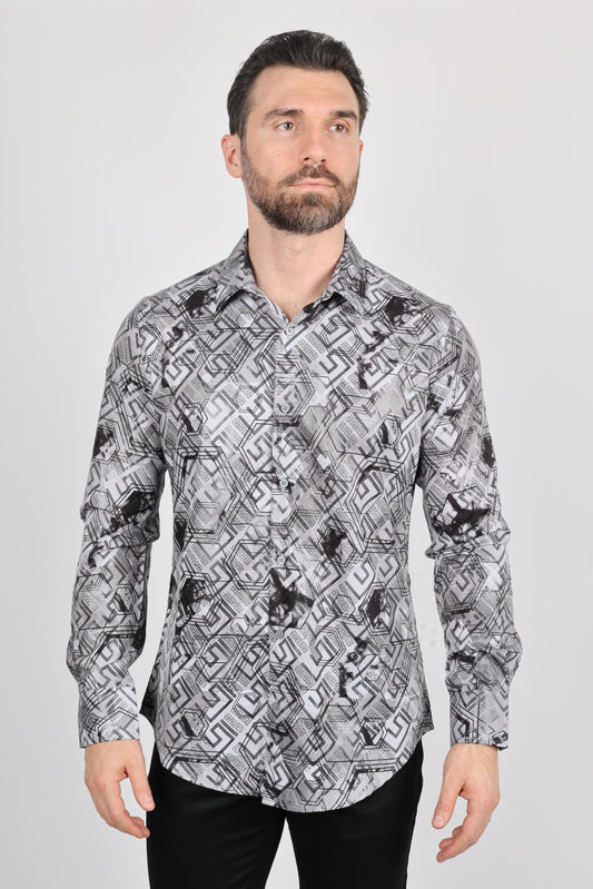 Mens Modern Fit Stretch Foiled Gray Long Sleeve Shirt