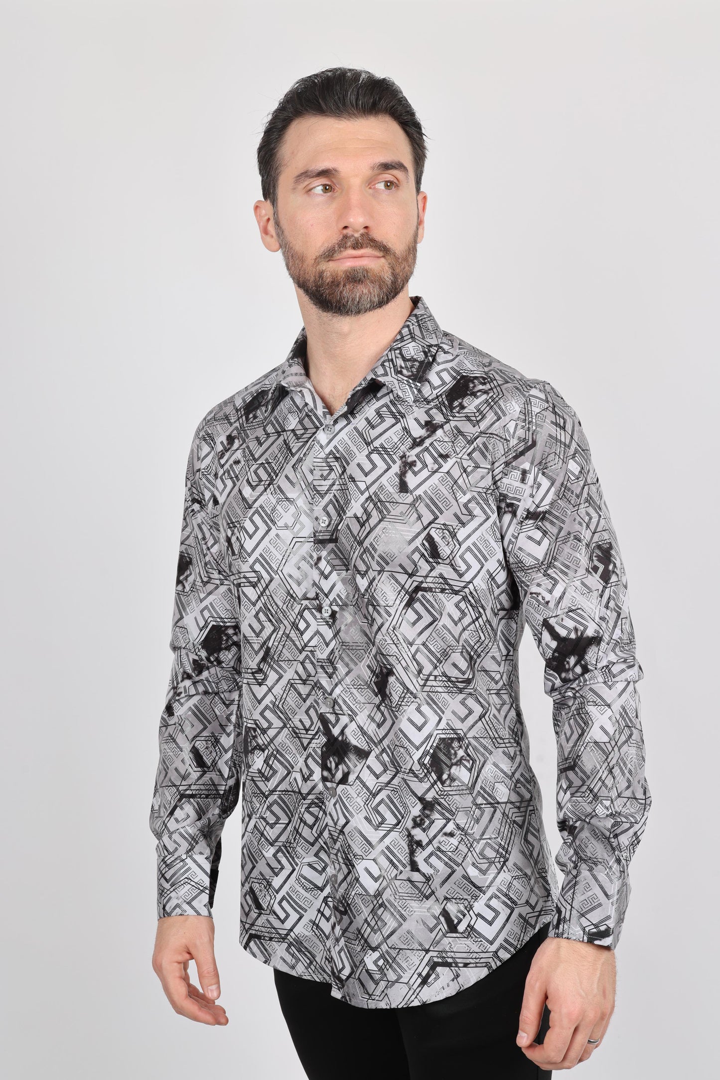 Mens Modern Fit Stretch Foiled Gray Long Sleeve Shirt