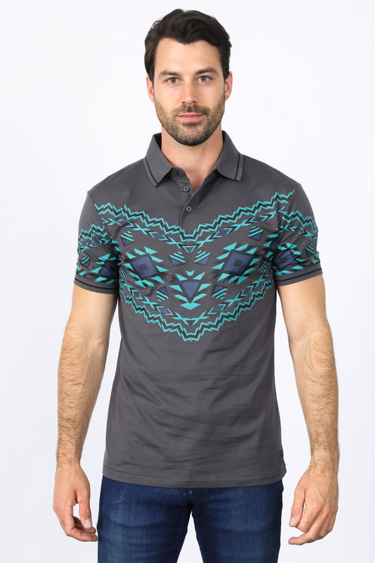 Men's Grey Aztec Panoramic Print Polo