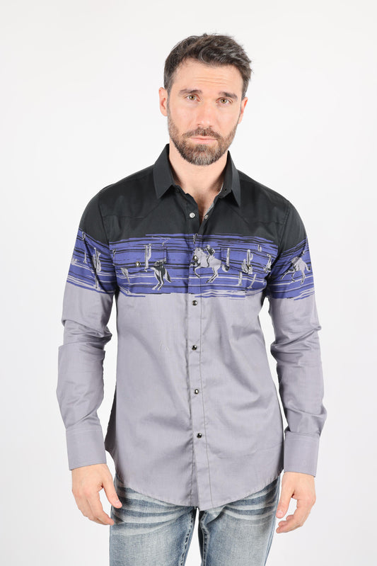 Men's Modern Fit Cotton Stretch Rodeo Panoramic Print Shirt