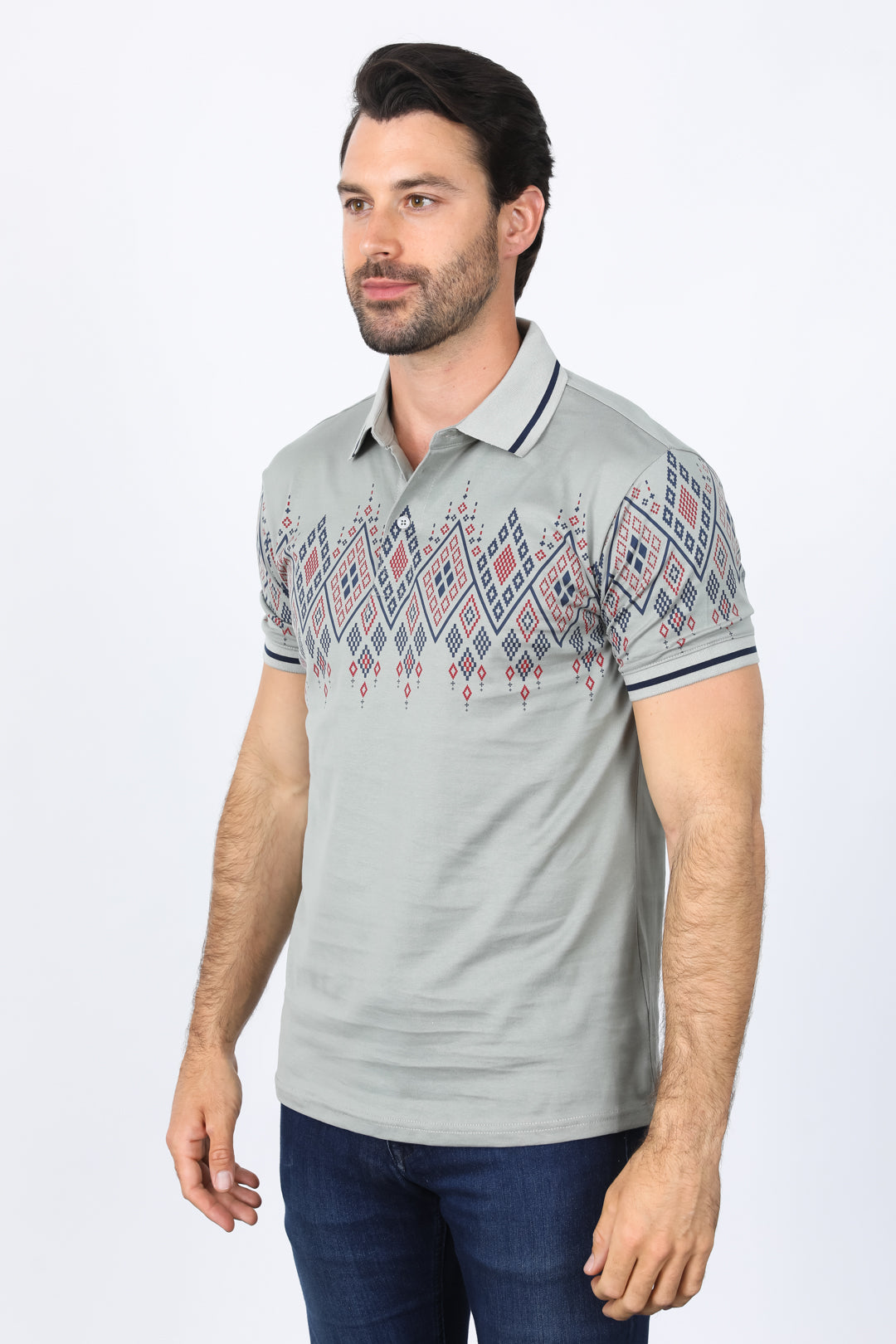 Mens Modern Fit Stretch Cotton Polo with Aztec Print