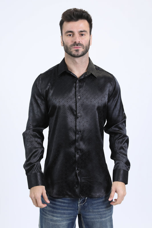 Mens Jacquard Fabric Print Modern Fit Long Sleeve Black Shirt