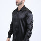 Mens Jacquard Fabric Print Modern Fit Long Sleeve Black Shirt