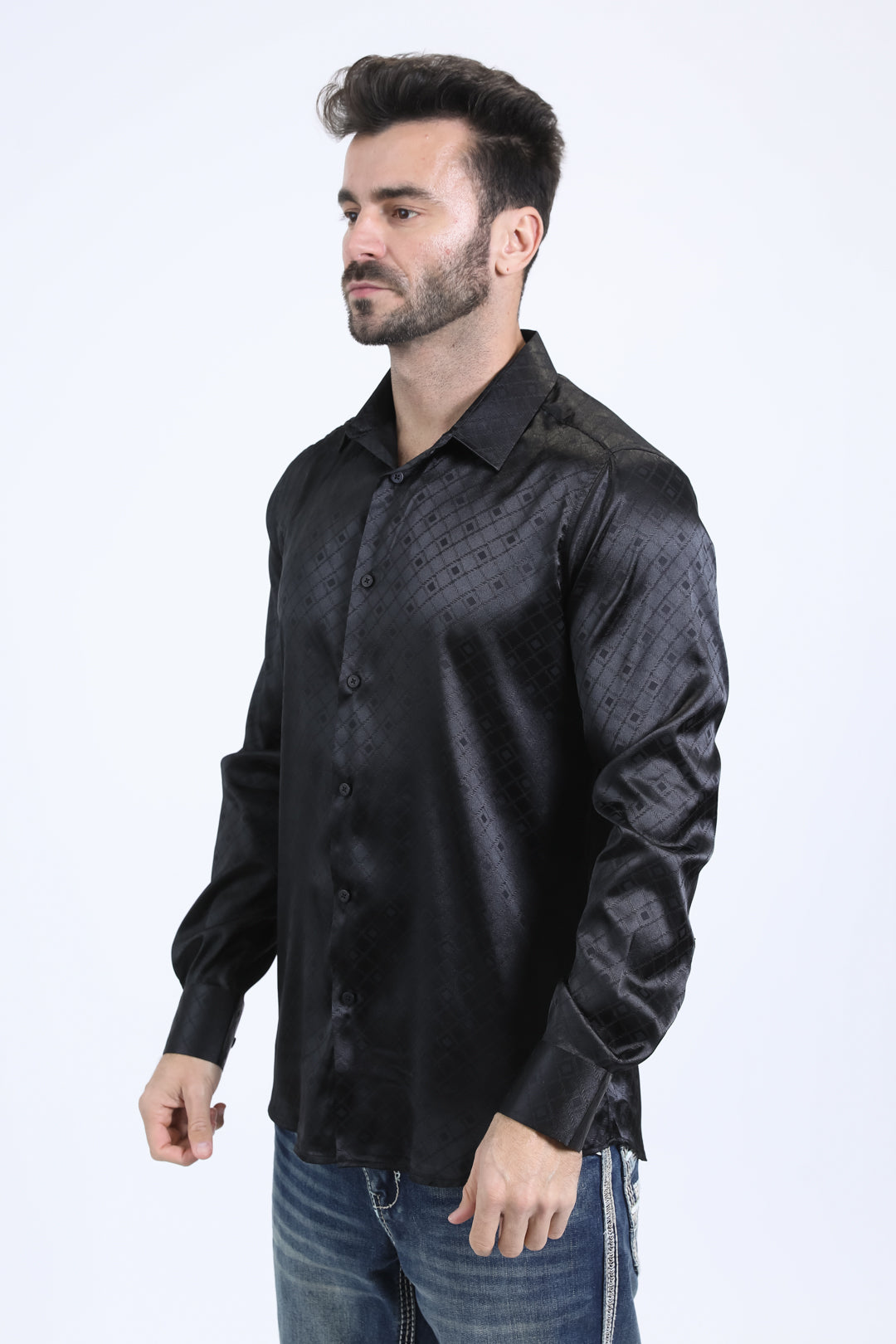 Mens Jacquard Fabric Print Modern Fit Long Sleeve Black Shirt