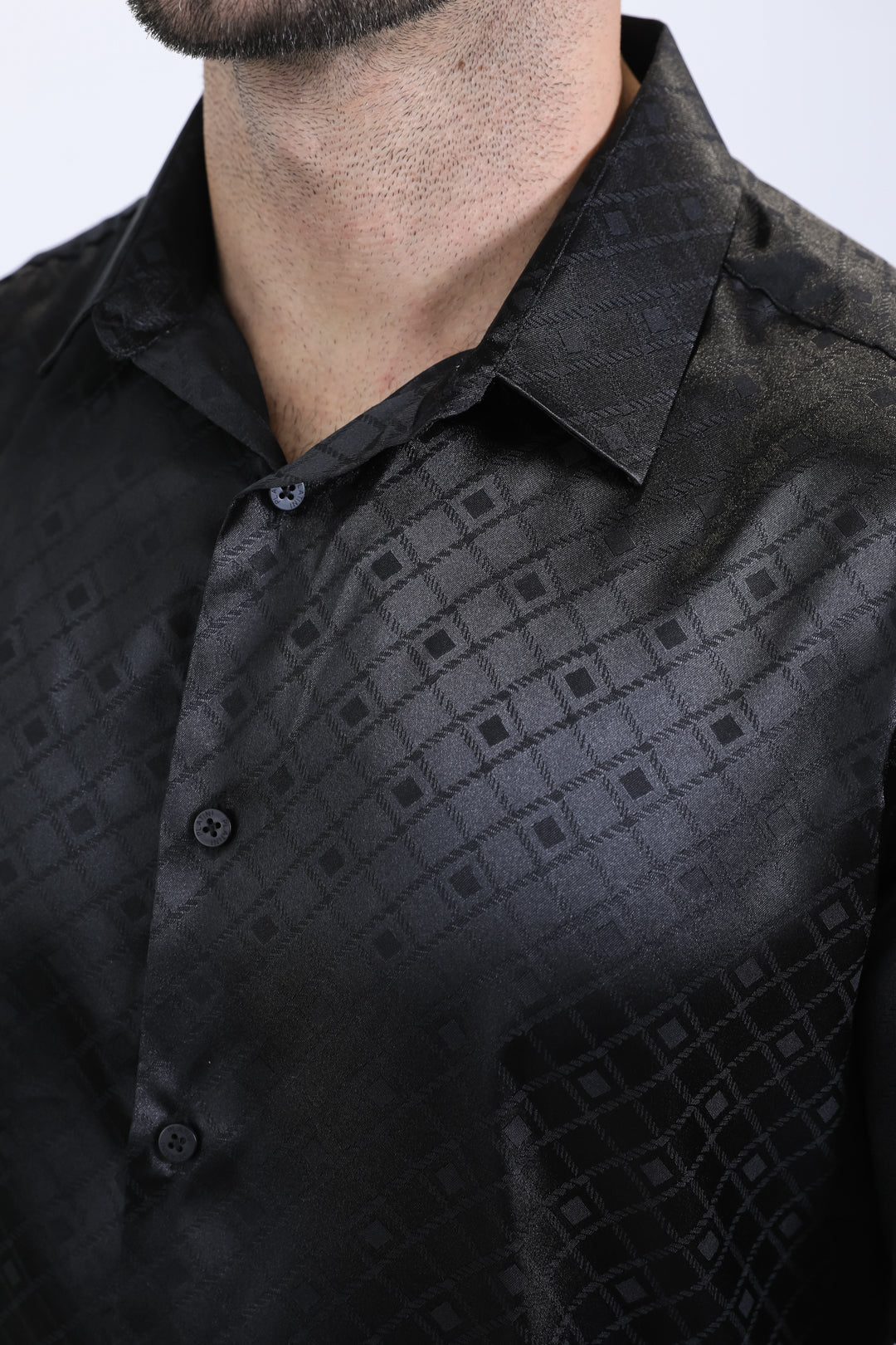 Mens Jacquard Fabric Print Modern Fit Long Sleeve Black Shirt