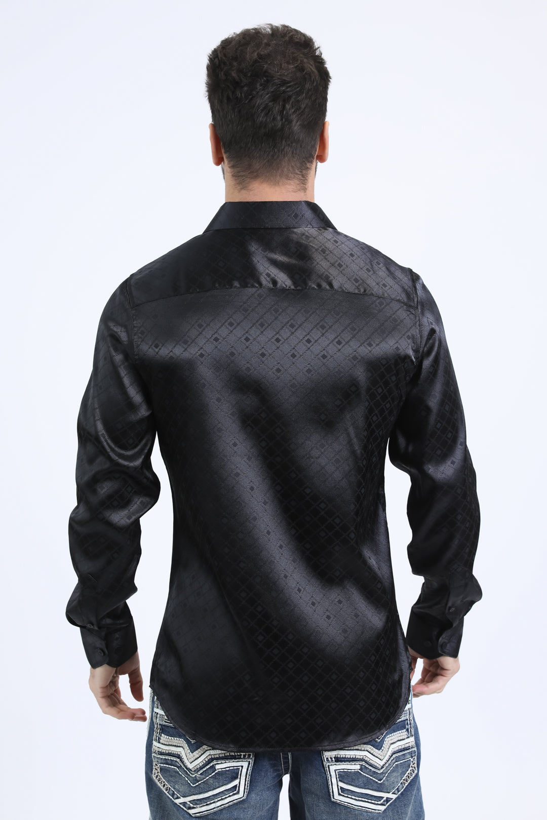 Mens Jacquard Fabric Print Modern Fit Long Sleeve Black Shirt