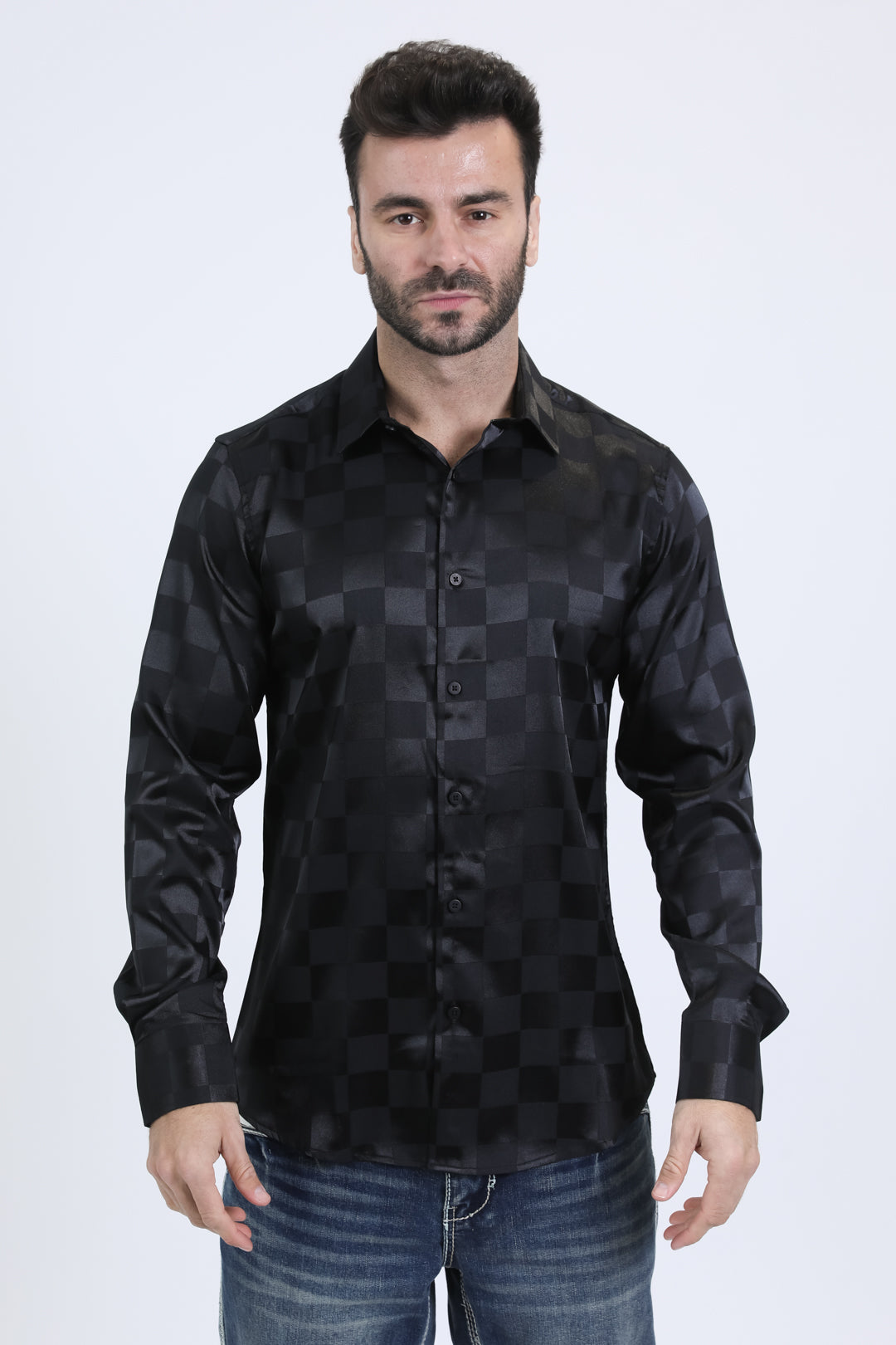 Mens Jacquard Fabric Print Modern Fit Long Sleeve Black Shirt