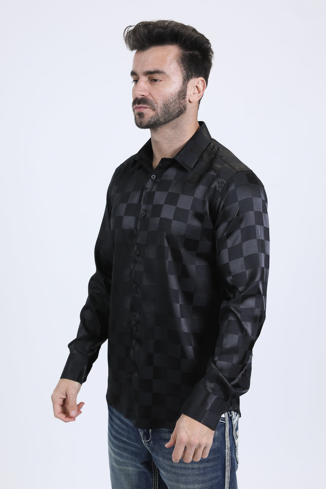 Mens Jacquard Fabric Print Modern Fit Long Sleeve Black Shirt