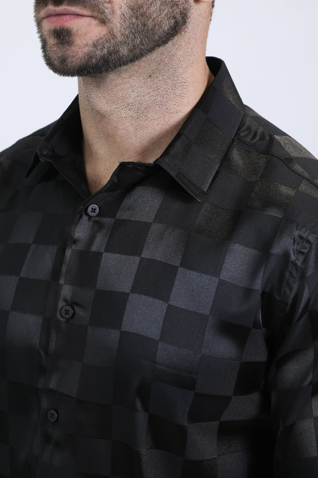 Mens Jacquard Fabric Print Modern Fit Long Sleeve Black Shirt