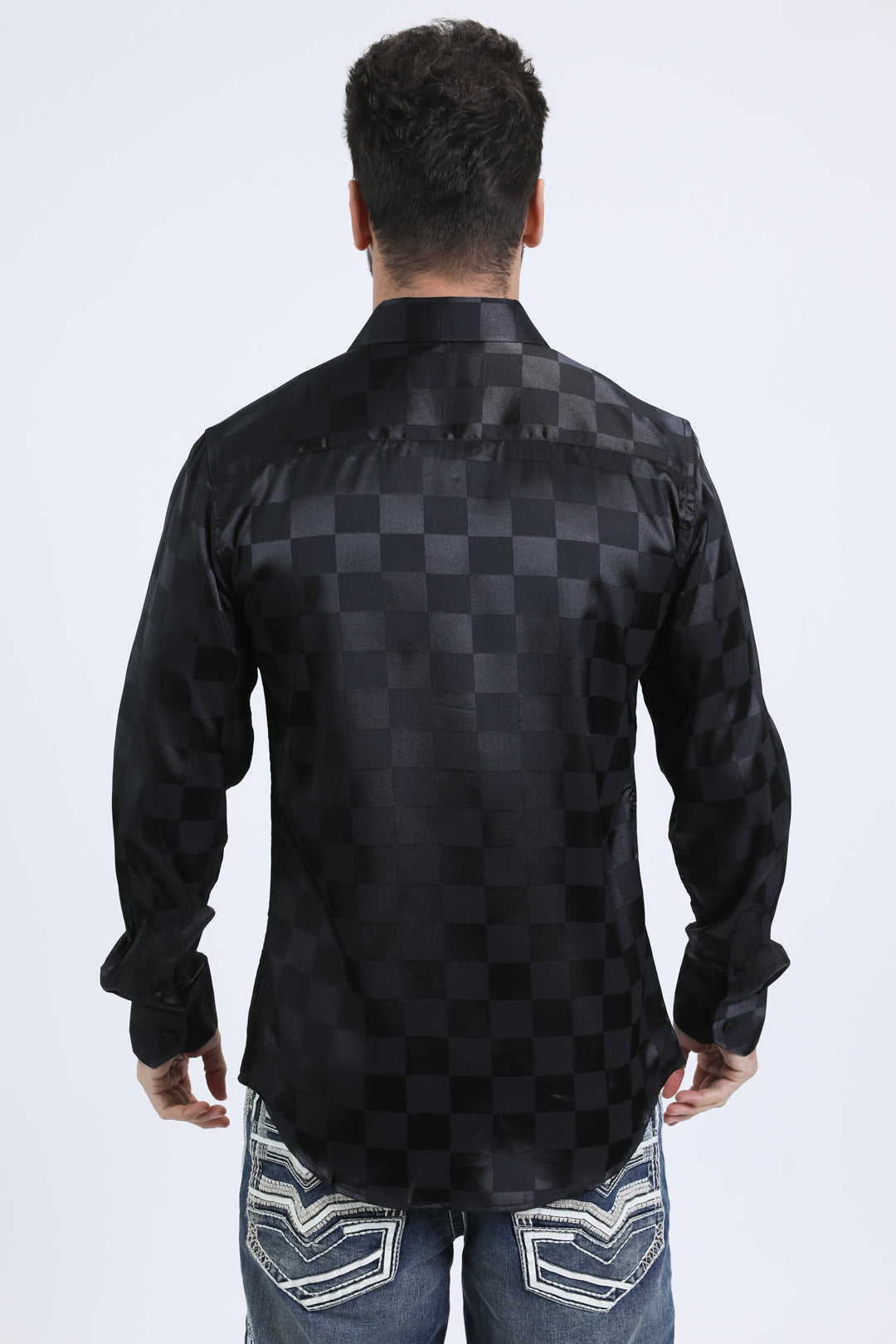 Mens Jacquard Fabric Print Modern Fit Long Sleeve Black Shirt