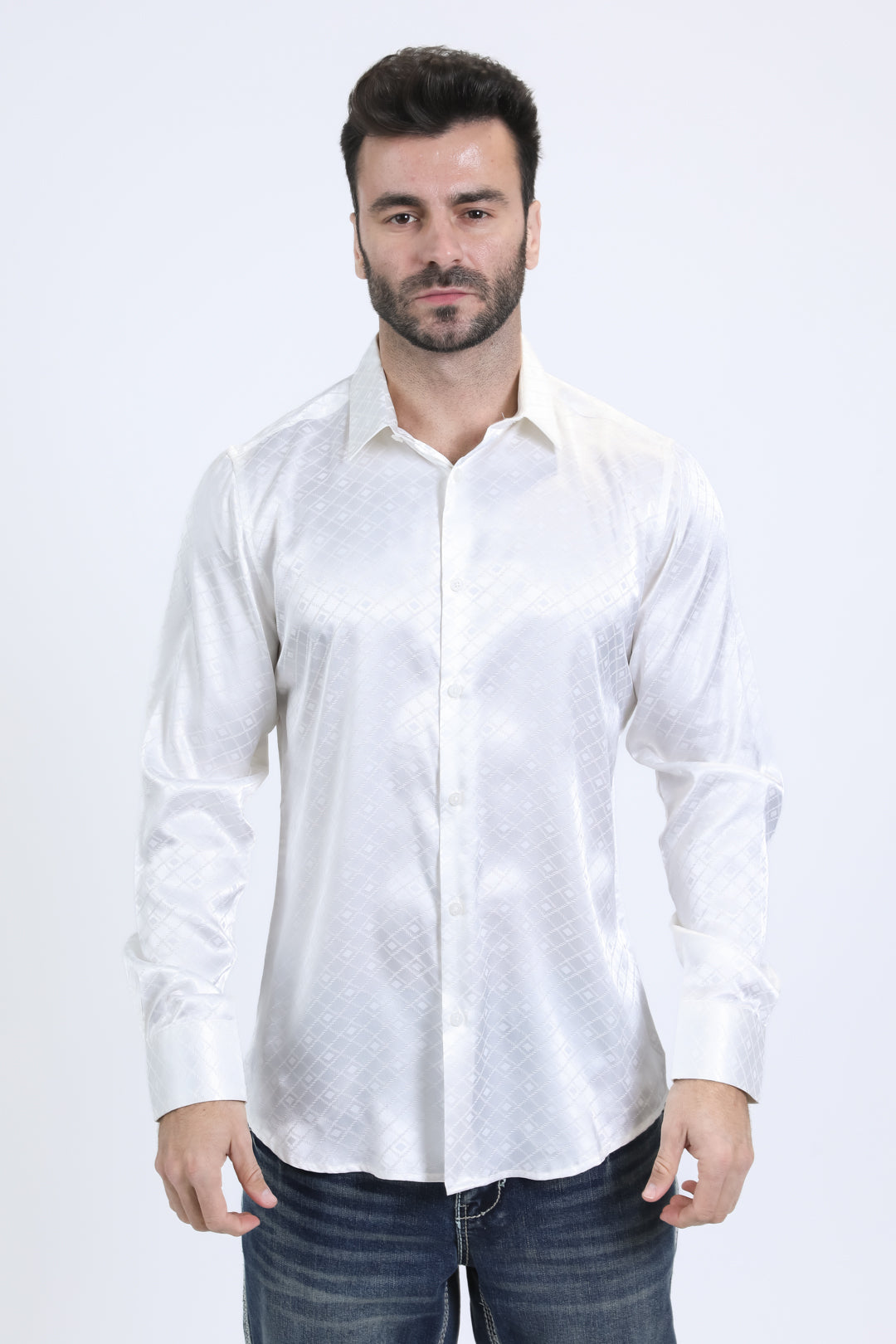 Mens Jacquard Fabric Print Modern Fit Long Sleeve White Shirt