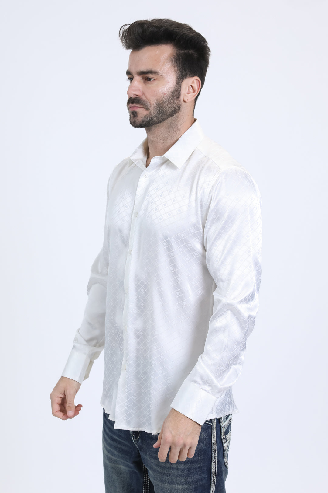 Mens Jacquard Fabric Print Modern Fit Long Sleeve White Shirt