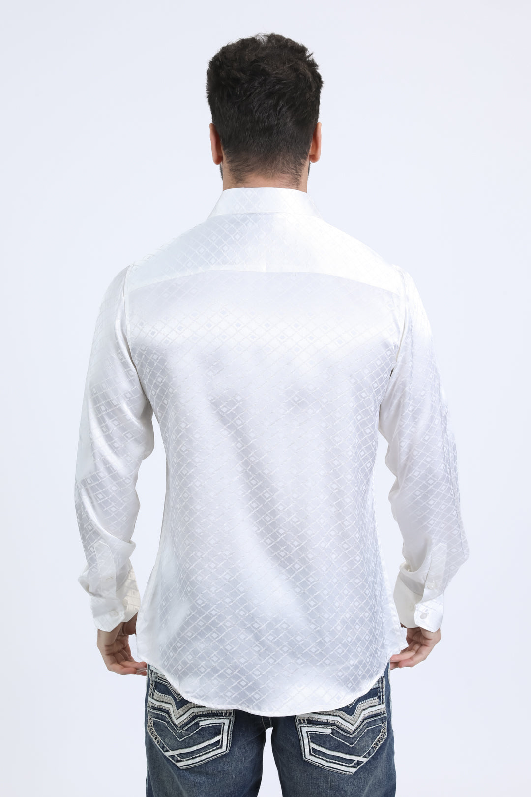 Mens Jacquard Fabric Print Modern Fit Long Sleeve White Shirt