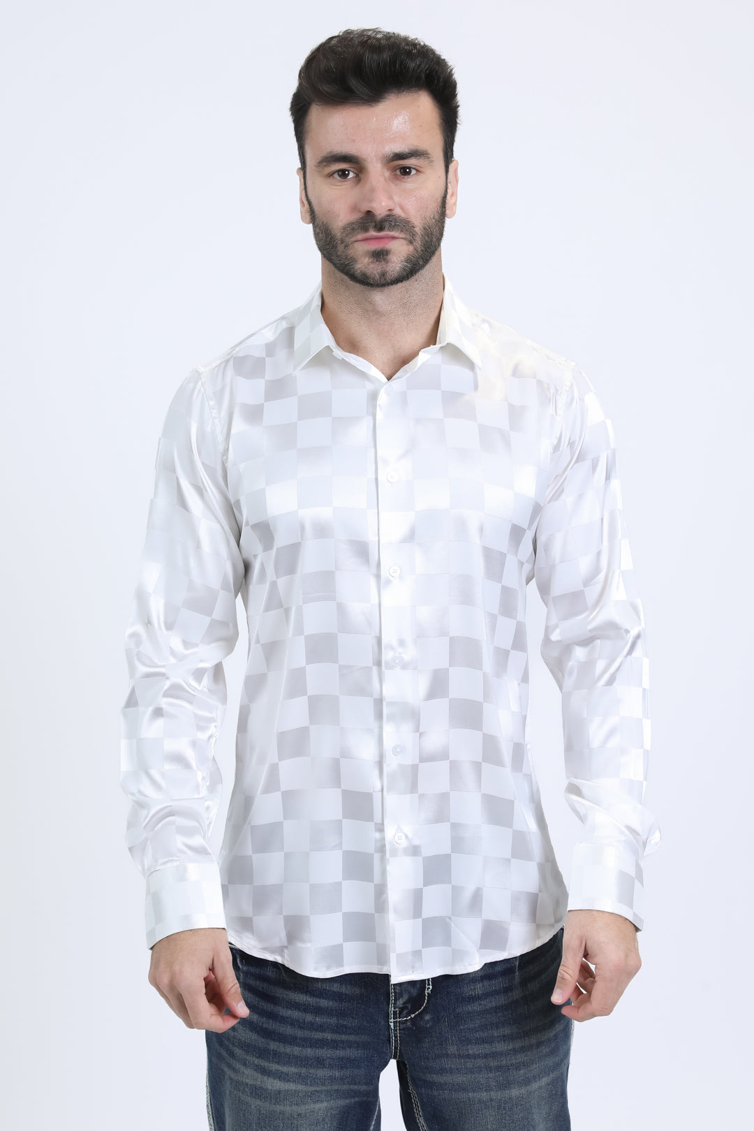 Mens Jacquard Fabric Print Modern Fit Long Sleeve White Shirt