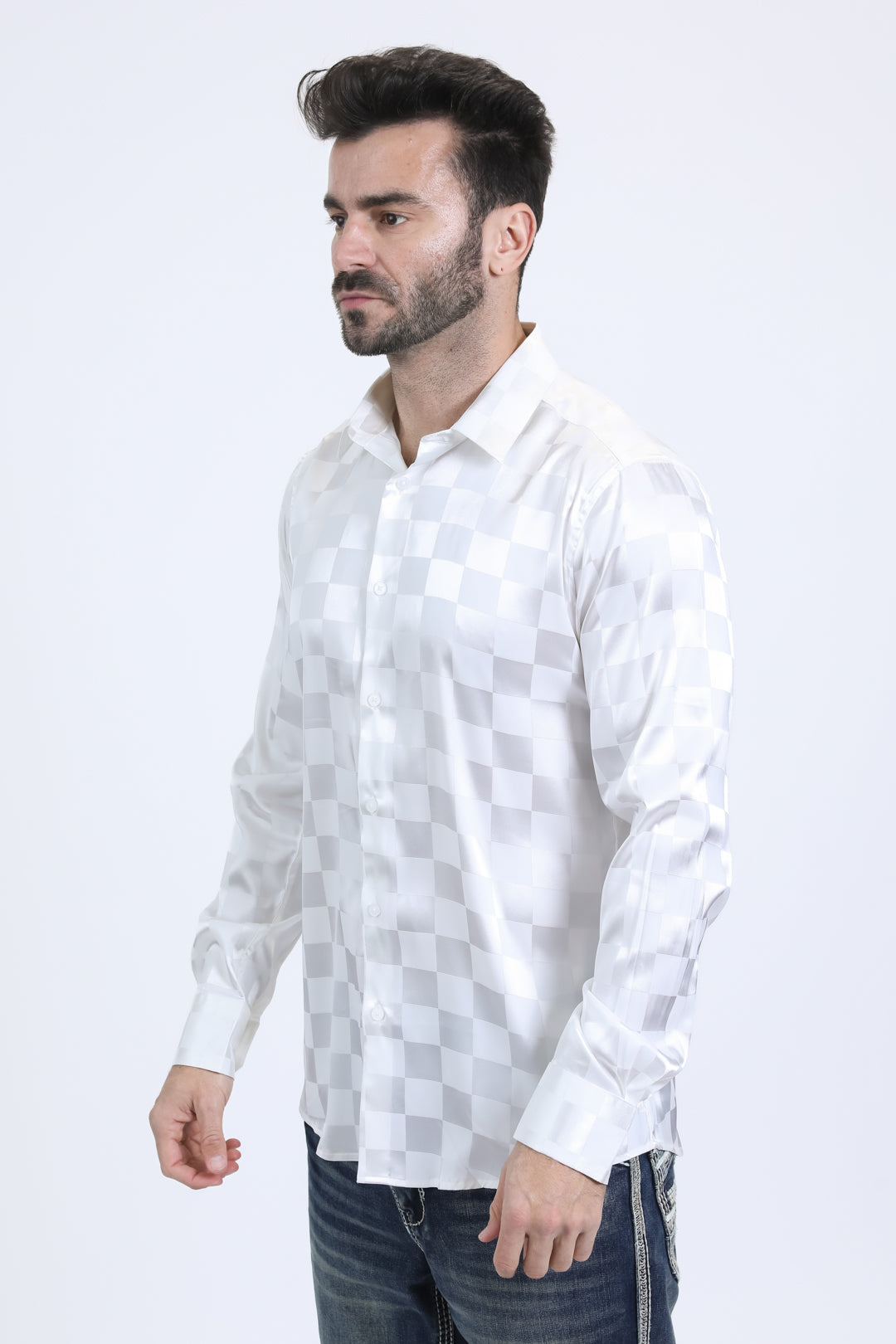 Mens Jacquard Fabric Print Modern Fit Long Sleeve White Shirt