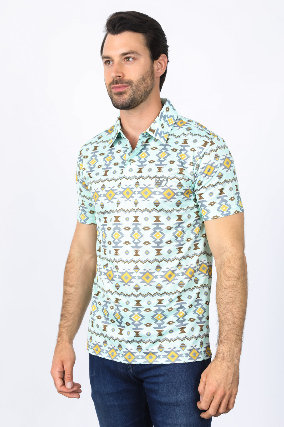 Mens Performance Fabric Modern Fit Stretch Aztec Print Polo