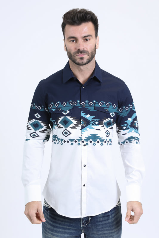 Men's Modern Fit Cotton Stretch Rodeo Panoramic Print White Shirt