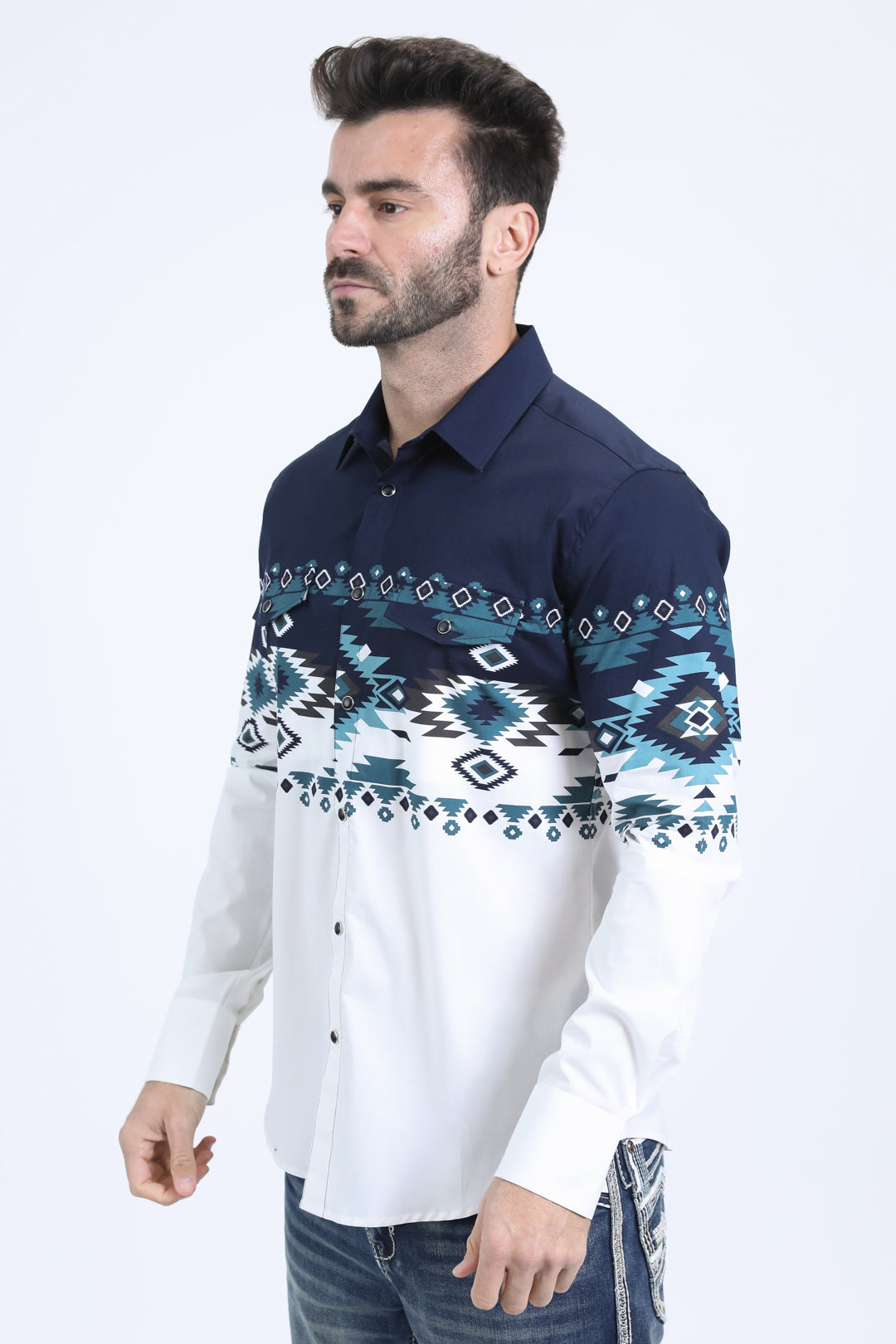 Men's Modern Fit Cotton Stretch Rodeo Panoramic Print White Shirt