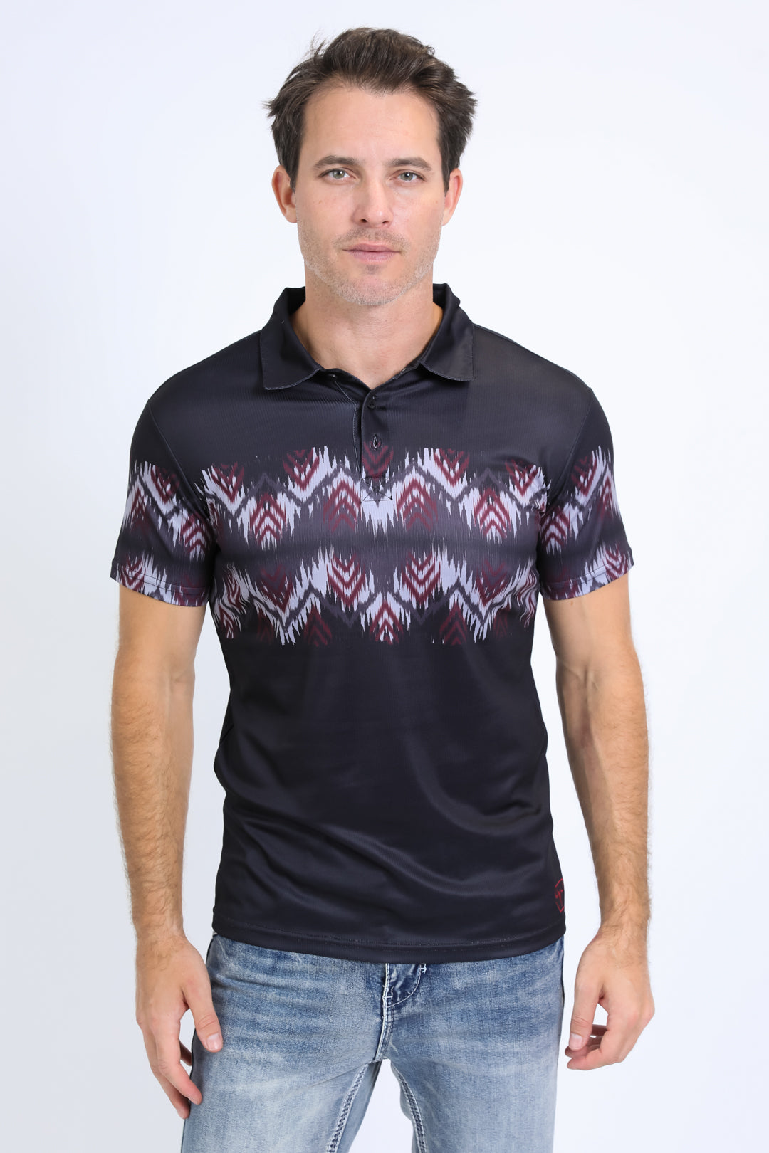 Men's Performance Fabric Aztec Panoramic Print Black Polo