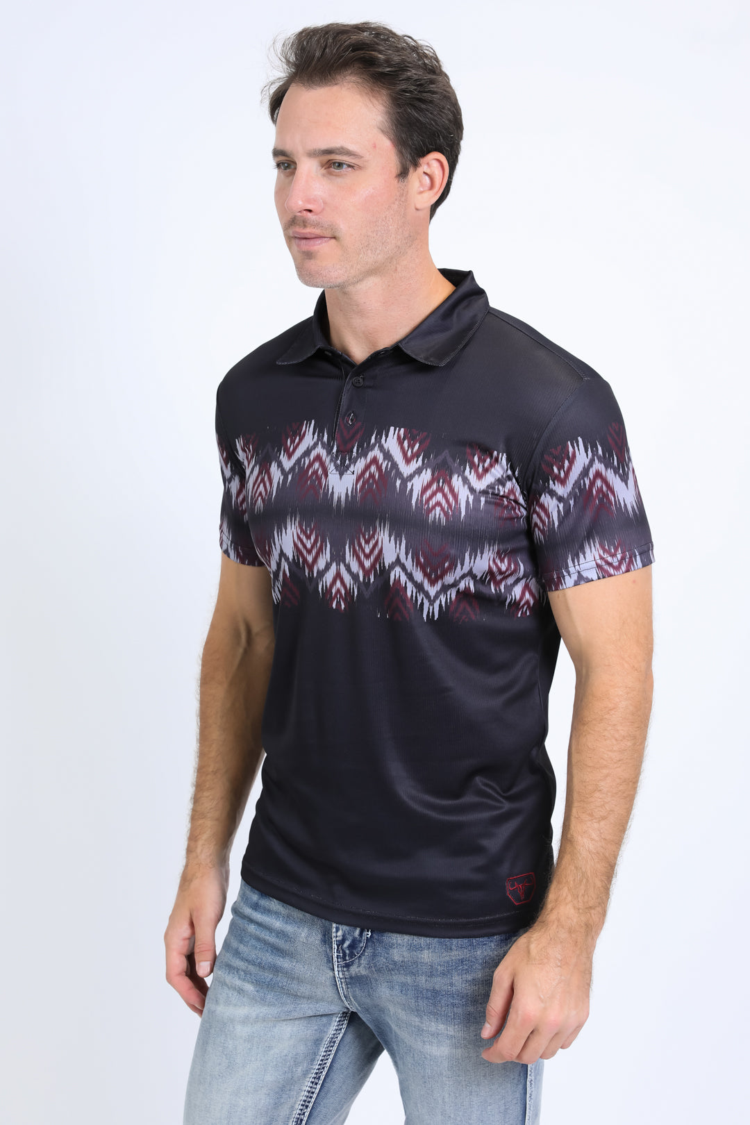 Men's Performance Fabric Aztec Panoramic Print Black Polo