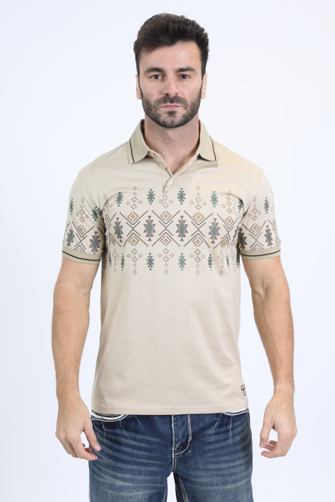 Mens Modern Fit Stretch Cotton Beige Polo with Aztec Print