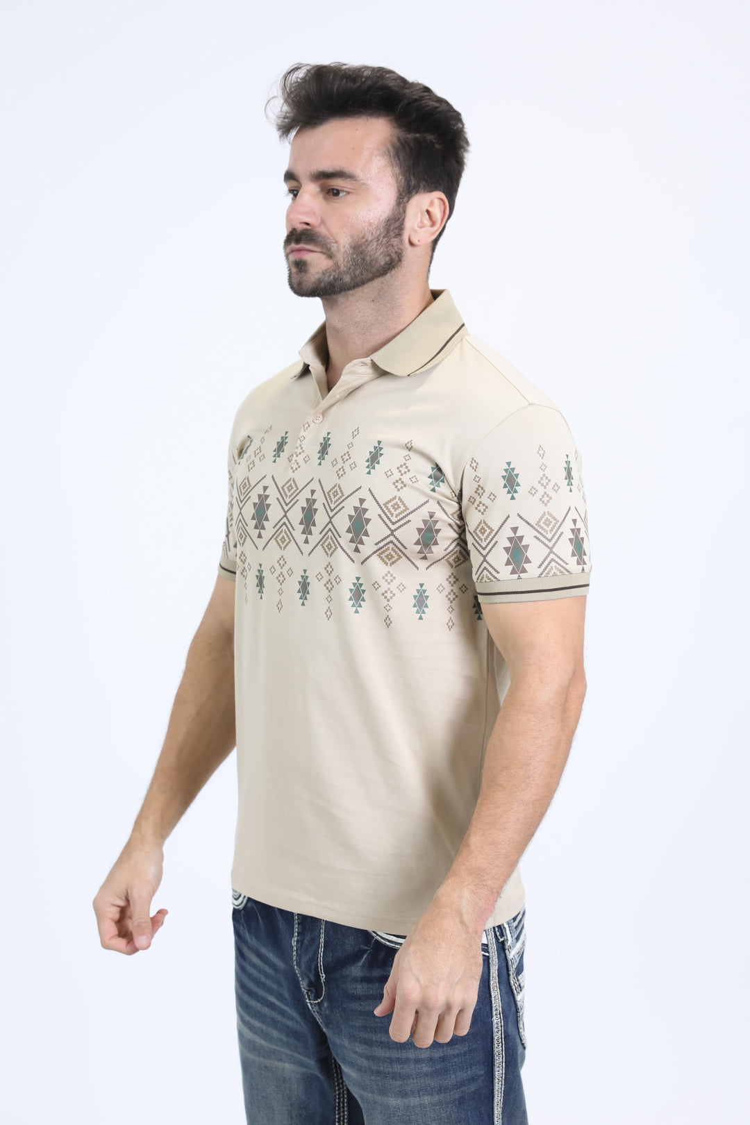 Mens Modern Fit Stretch Cotton Beige Polo with Aztec Print