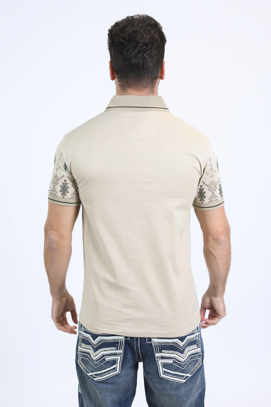 Mens Modern Fit Stretch Cotton Beige Polo with Aztec Print