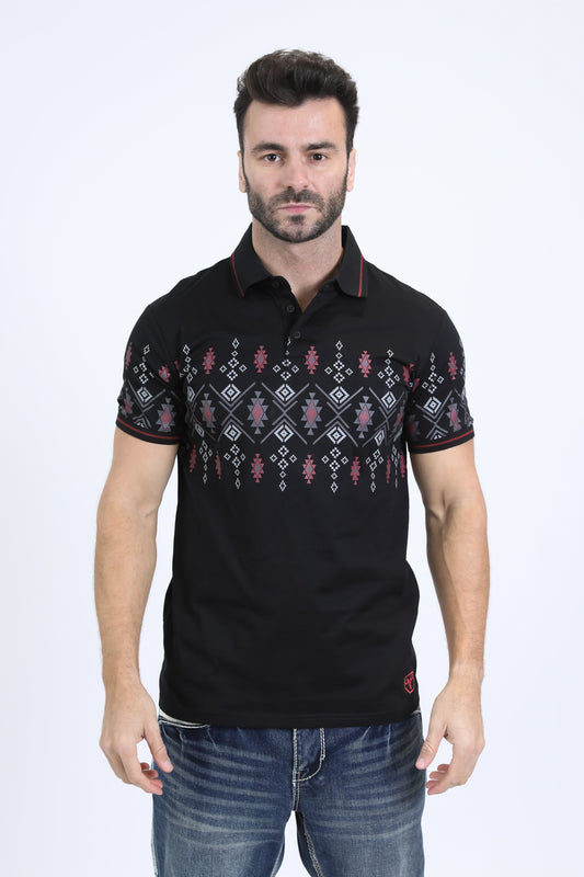 Mens Modern Fit Stretch Cotton Black Polo with Aztec Print