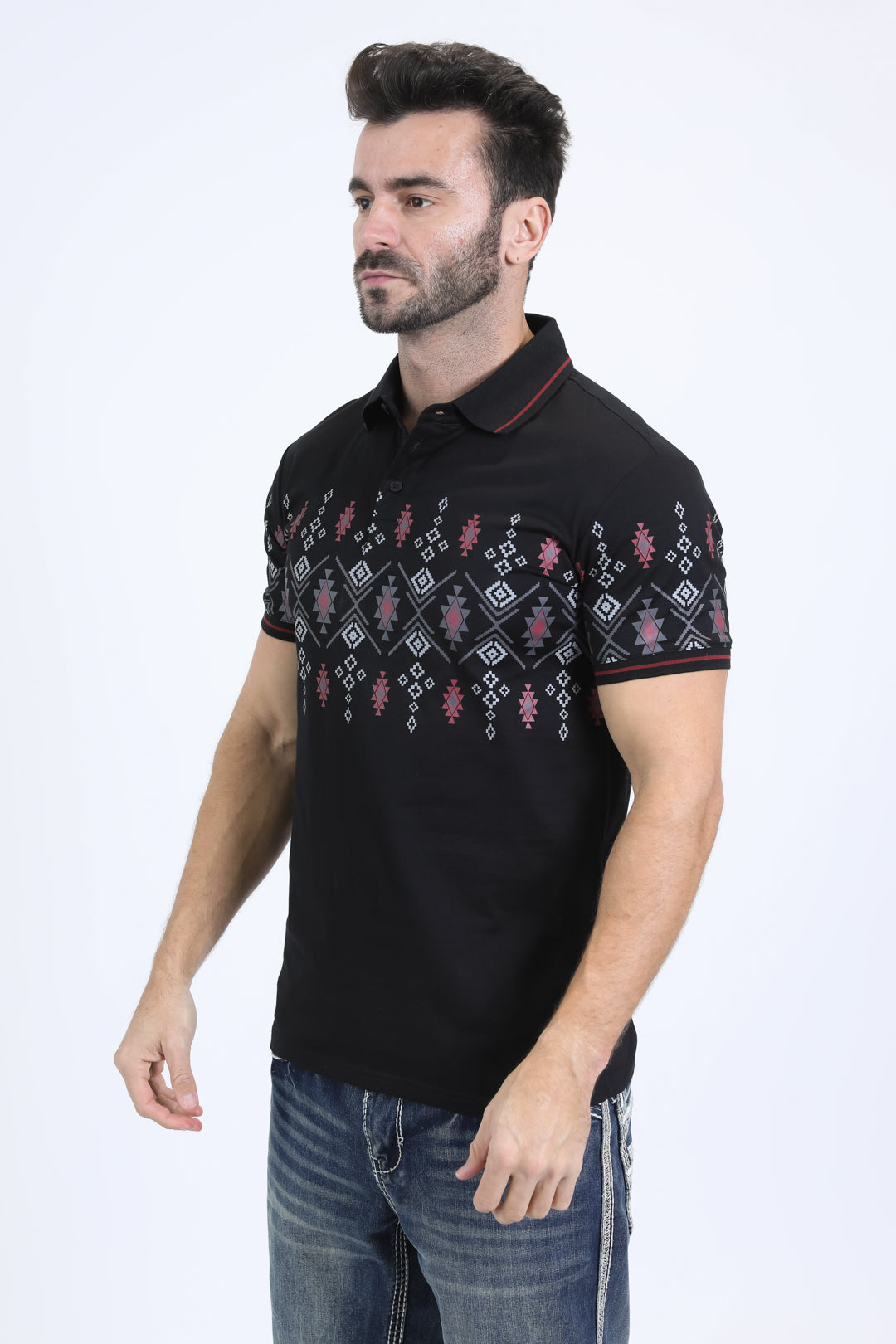 Mens Modern Fit Stretch Cotton Black Polo with Aztec Print