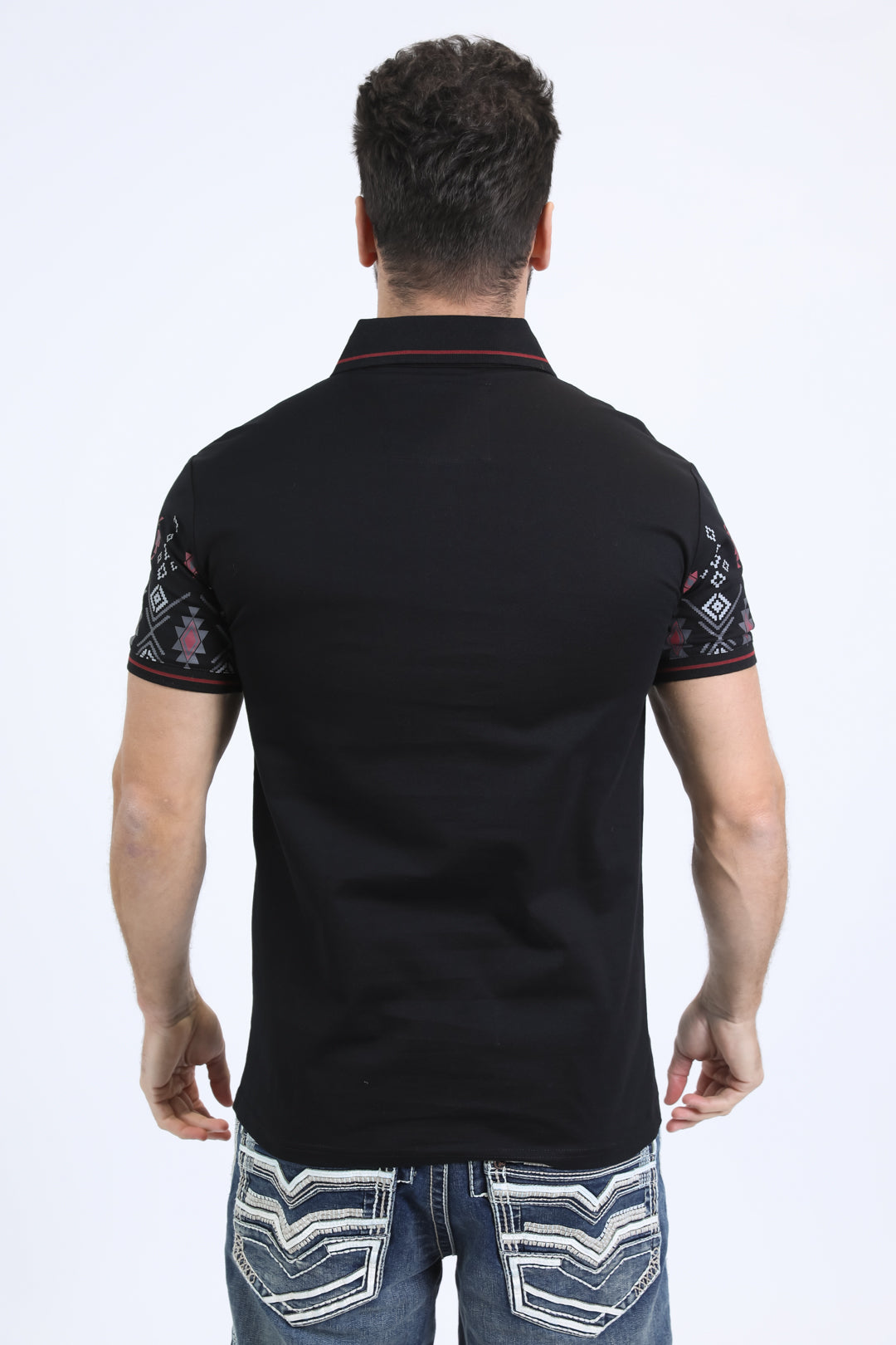 Mens Modern Fit Stretch Cotton Black Polo with Aztec Print