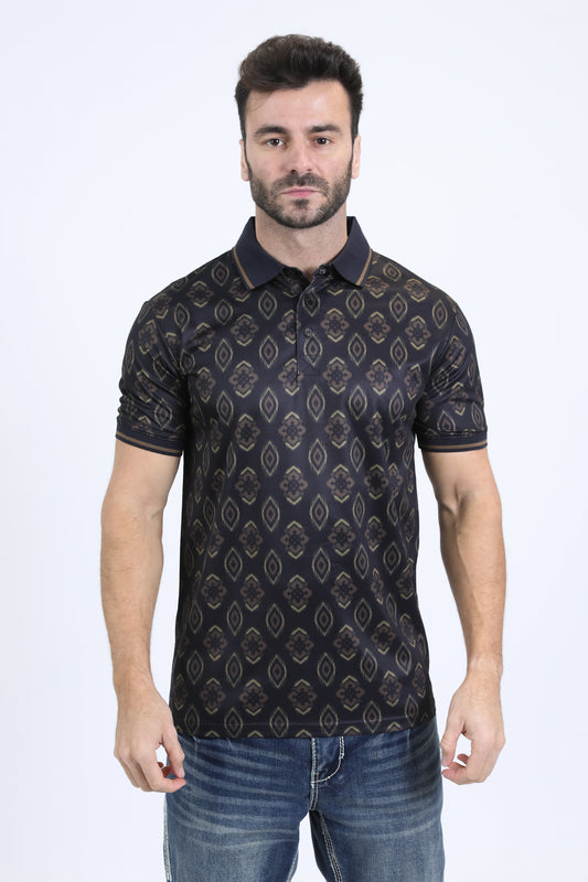 Mens Modern Fit Stretch Cotton Black Polo with Aztec Print