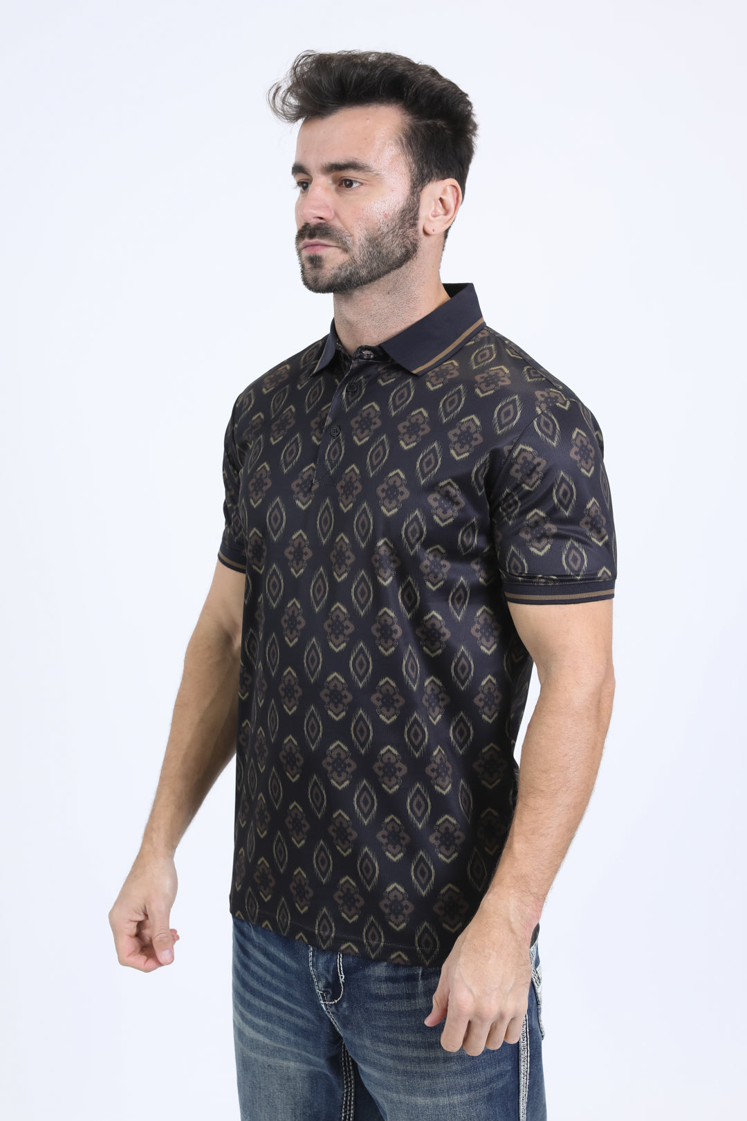 Mens Modern Fit Stretch Cotton Black Polo with Aztec Print