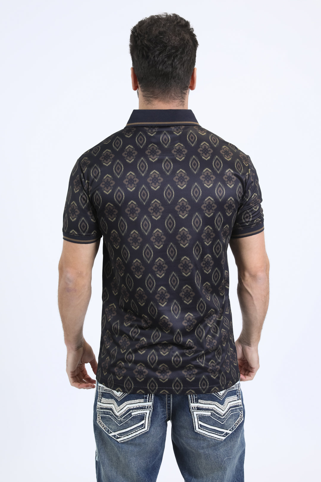 Mens Modern Fit Stretch Cotton Black Polo with Aztec Print