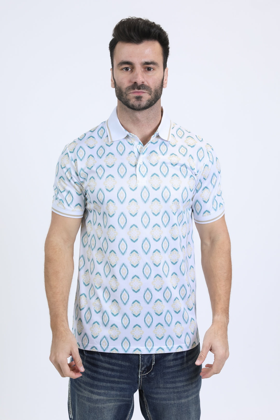 Mens Modern Fit Stretch Cotton White Polo with Aztec Print