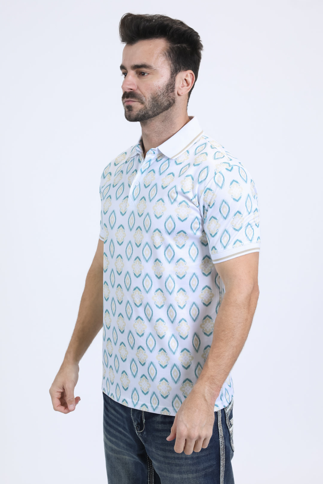 Mens Modern Fit Stretch Cotton White Polo with Aztec Print