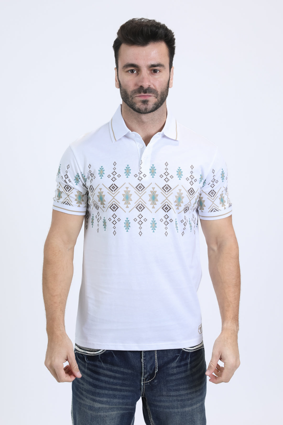 Mens Modern Fit Stretch Cotton White Polo with Aztec Print