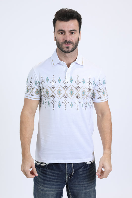 Mens Modern Fit Stretch Cotton White Polo with Aztec Print