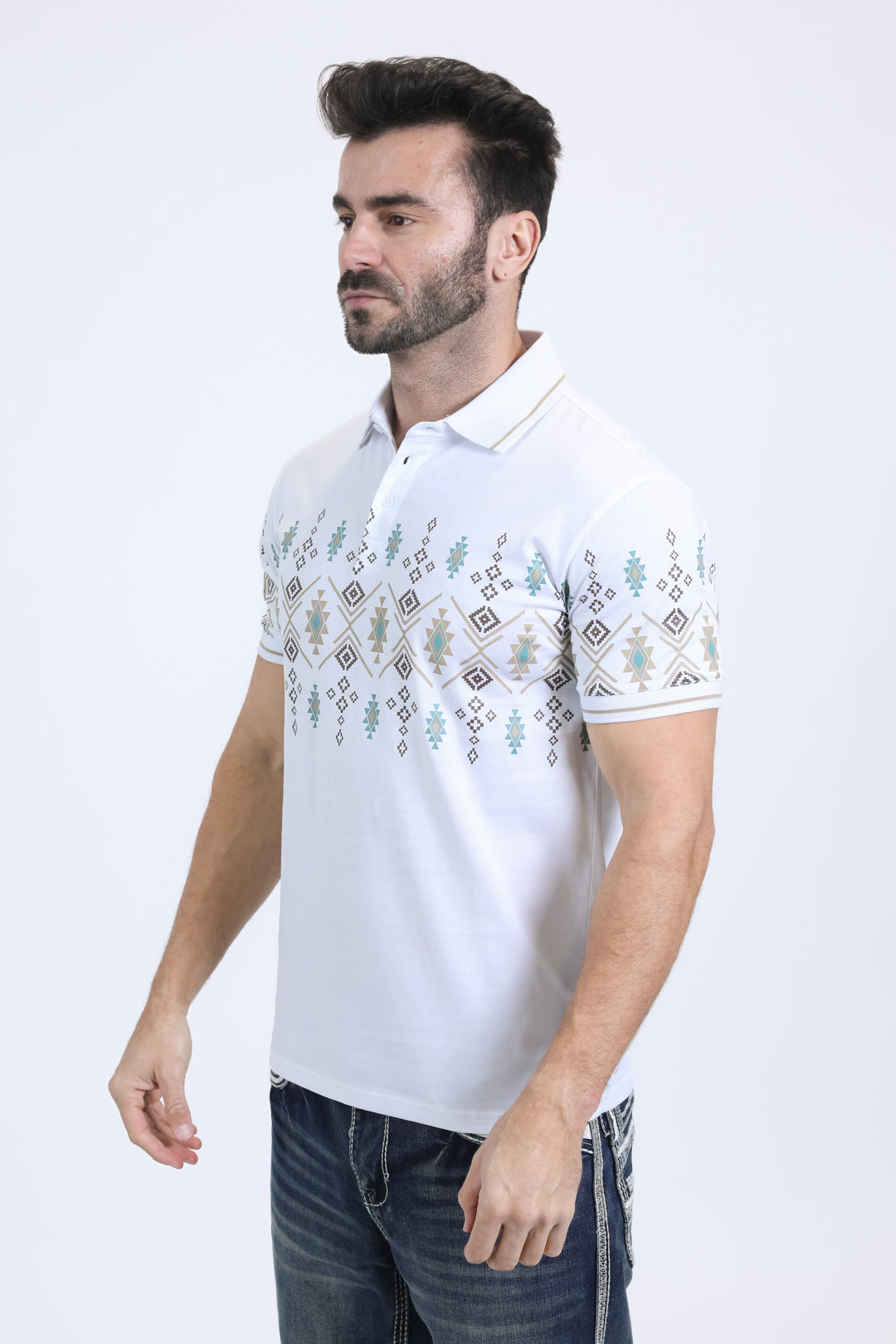 Mens Modern Fit Stretch Cotton White Polo with Aztec Print