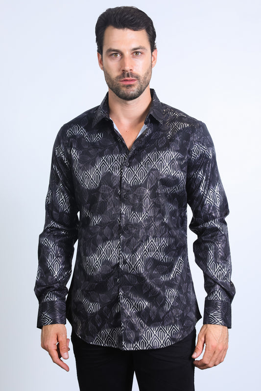 Mens Modern Fit Stretch Foil Fashion Black/Charcoal Shirt