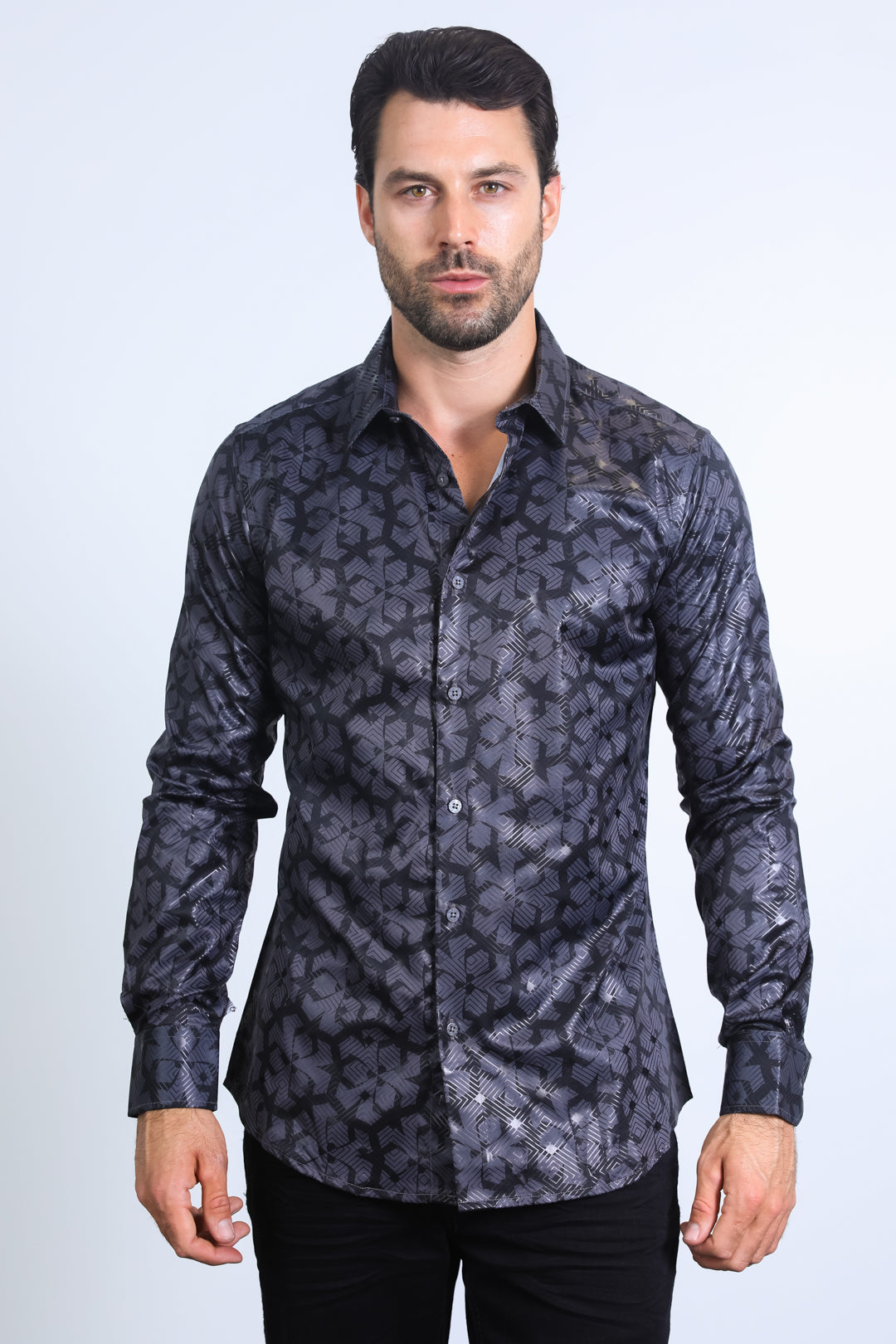 Mens Modern Fit Stretch Foil Fashion Black Shirt